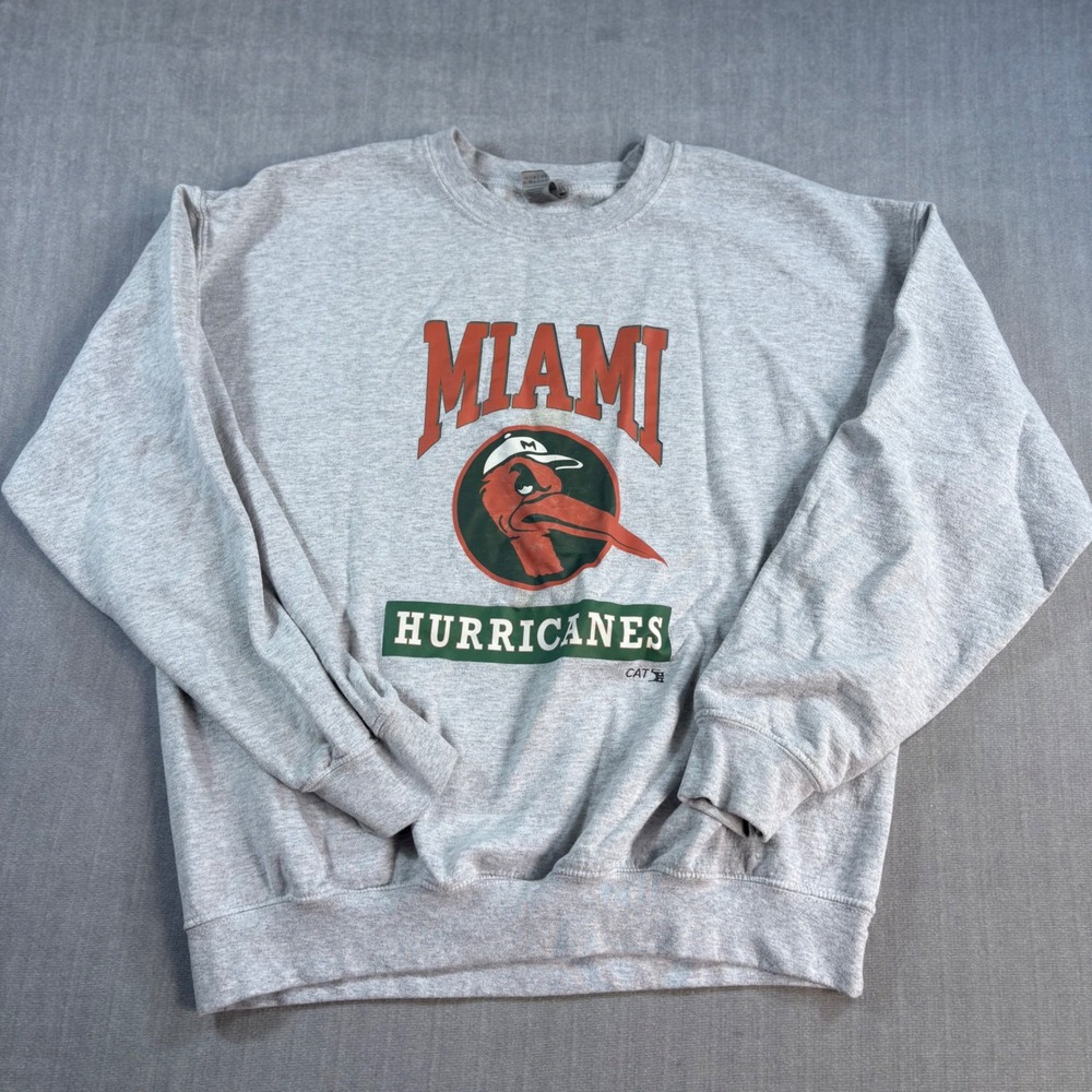 Gildan Sweatshirt Mens L Gray Miami Hurricanes Sebastian Ibis NCAA Crewneck Logo